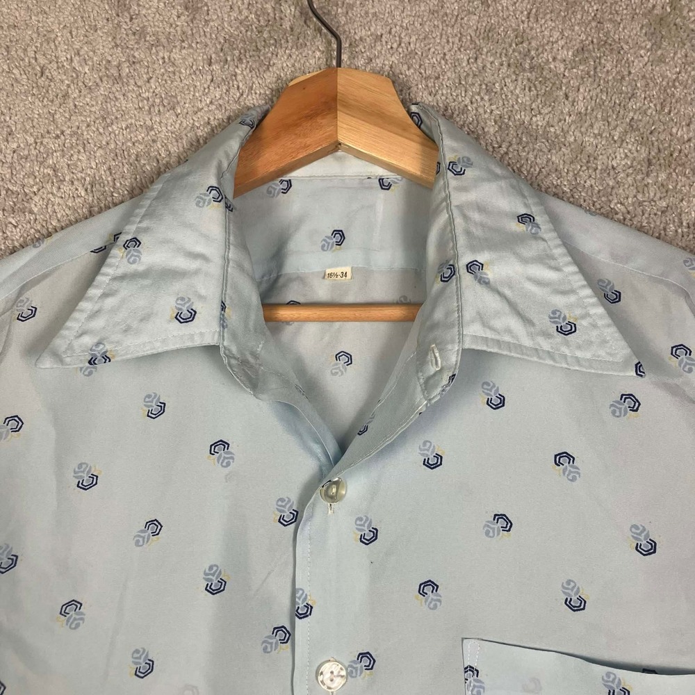 Vintage 70s Arrow Ultressa Mens Blue Geometric Print Disco Shirt 16.5-34 Large
